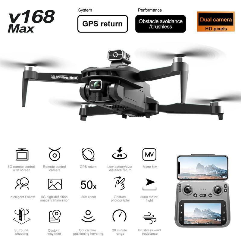 2025 New!!!!! V168 Pro Max Drone, Equipped with Front 4K HD Camera, Brushless Motor, GPS Return, Gesture Control, 4.5Inch Screen Remote Control Quadcopter.360°Scrolling, Dual Lens, Foldable Design, Drone GPS.684 Inch Height,