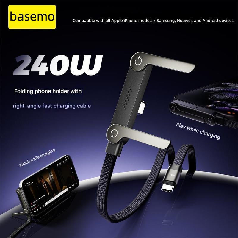 Basemo Invisible Holder Charger Cable with Stand, 240W Super Fast Charging 2-In-1 Fast Charging Cord & Phone Stand for Gaming, Office, Car Travel, Compatible with Iphone Samsung Type-C Charging Cable Black