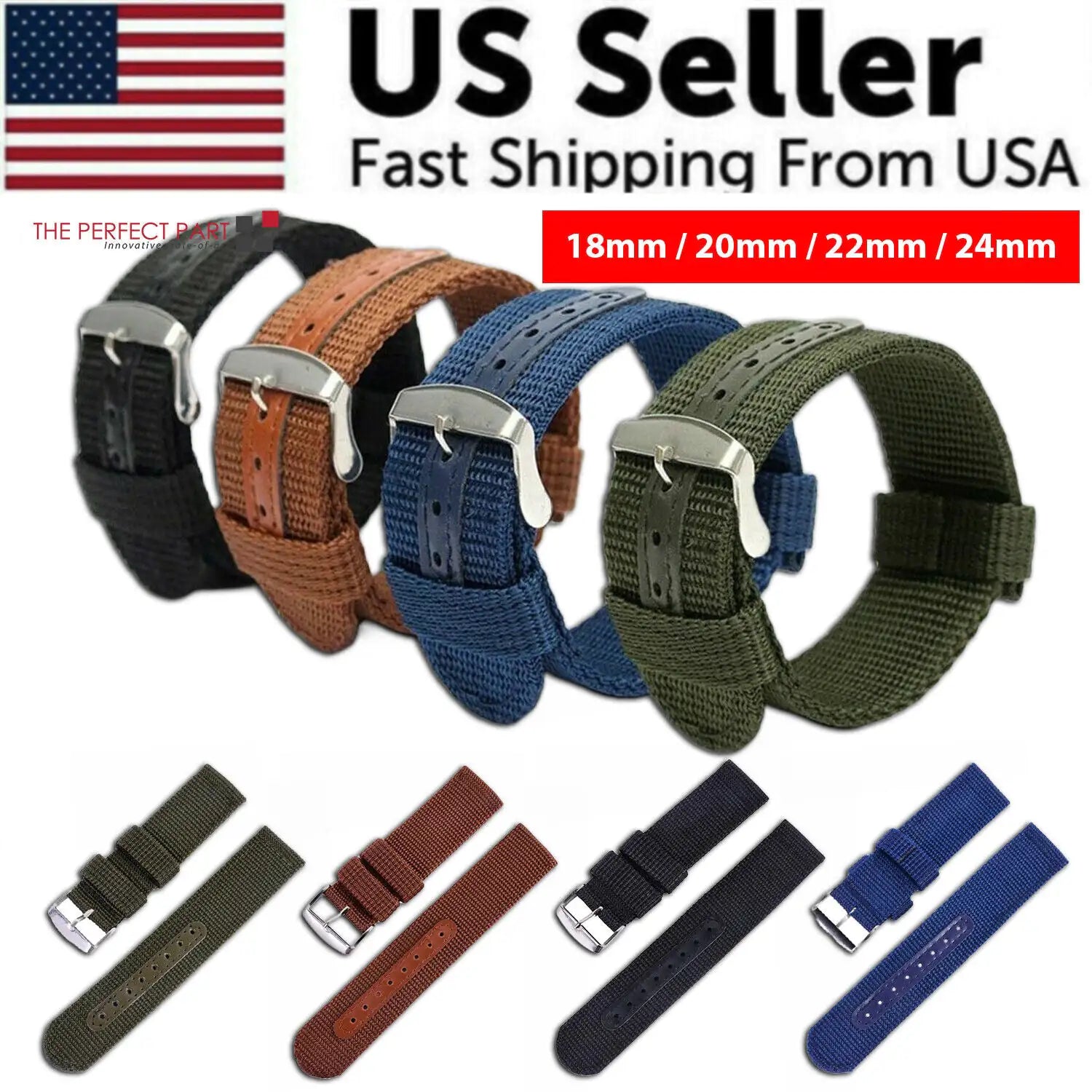 18mm 20mm 22mm 24mm Military Canvas Nylon Wrist Watch Band Strap