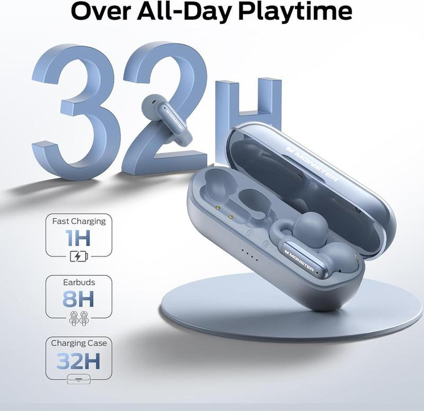 Monster Open AC601 Earbuds Wireless, Comfort Clip-On Bluetooth Earphones, Bluetooth 5.4 Earbuds with Environmental Noise Cancellation, IPX5 Waterproof & Touch Control Wireless Headphones